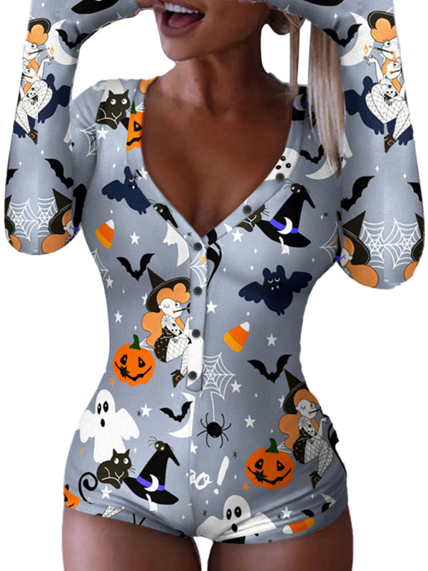 Rompers- Spooky Halloween Lounge Long Sleeve Shorts Jumpsuit- Grey- Pekosa Women Clothing