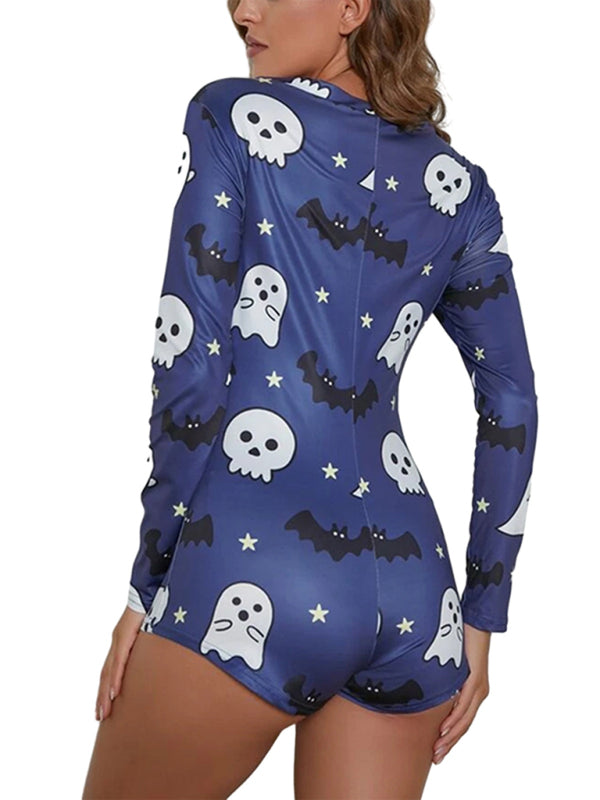 Rompers- Spooky Halloween Lounge Long Sleeve Shorts Jumpsuit- - Pekosa Women Clothing