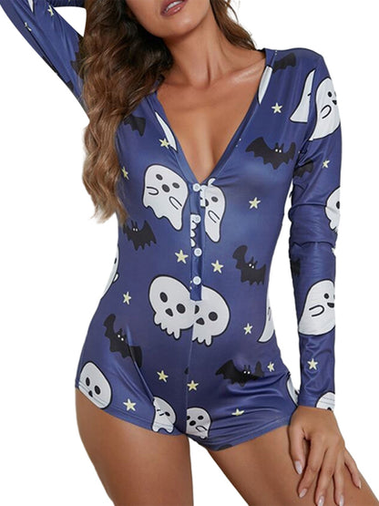 Rompers- Spooky Halloween Lounge Long Sleeve Shorts Jumpsuit- - Pekosa Women Clothing