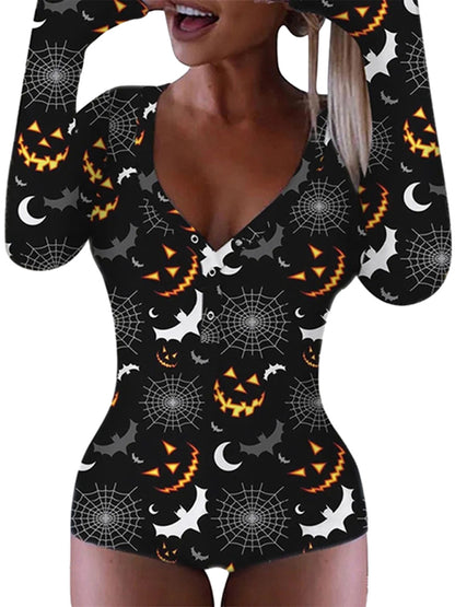 Rompers- Spooky Halloween Lounge Long Sleeve Shorts Jumpsuit- Black- Pekosa Women Clothing