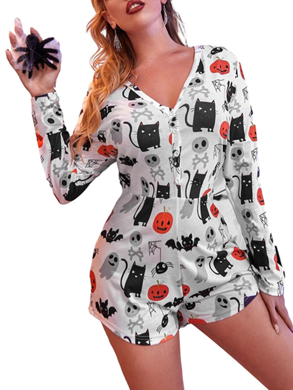 Rompers- Spooky Halloween Lounge Long Sleeve Shorts Jumpsuit- - Pekosa Women Clothing