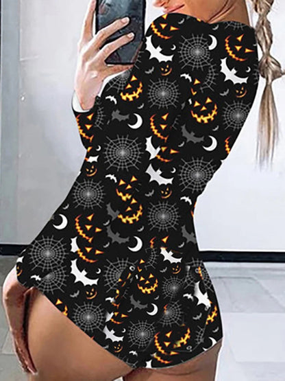 Rompers- Spooky Halloween Lounge Long Sleeve Shorts Jumpsuit- - Pekosa Women Clothing