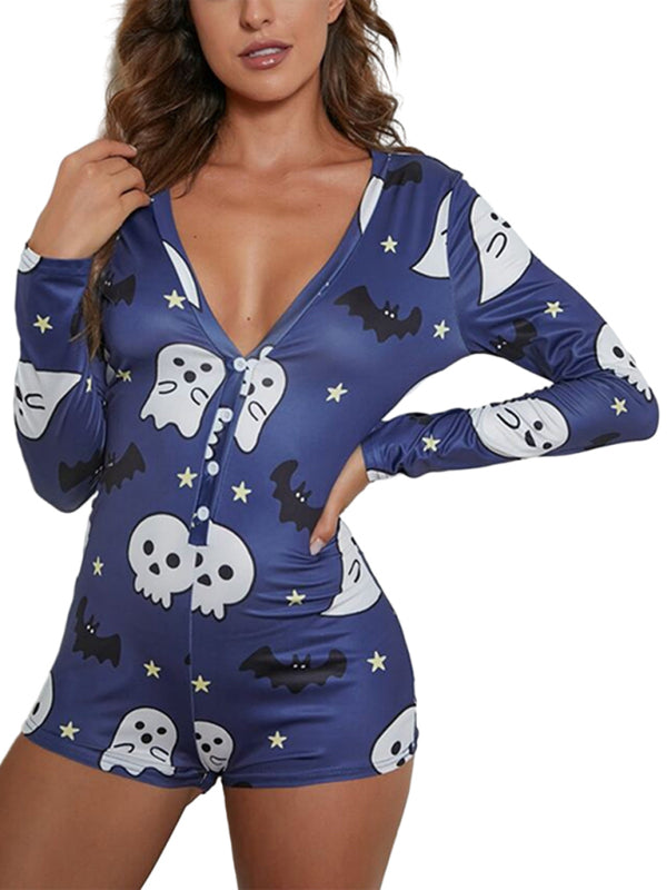 Rompers- Spooky Halloween Lounge Long Sleeve Shorts Jumpsuit- - Pekosa Women Clothing