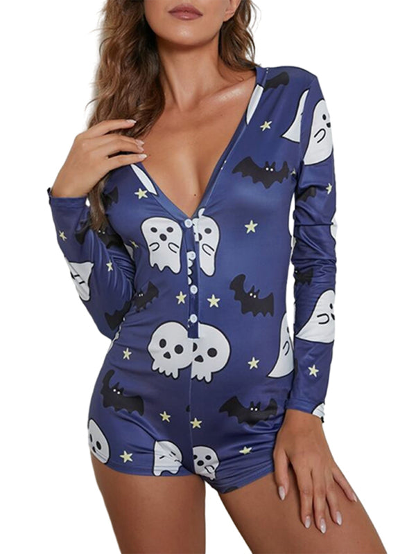 Rompers- Spooky Halloween Lounge Long Sleeve Shorts Jumpsuit- - Pekosa Women Clothing