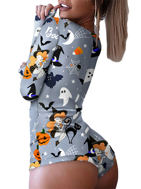 Rompers- Spooky Halloween Lounge Long Sleeve Shorts Jumpsuit- - Pekosa Women Clothing