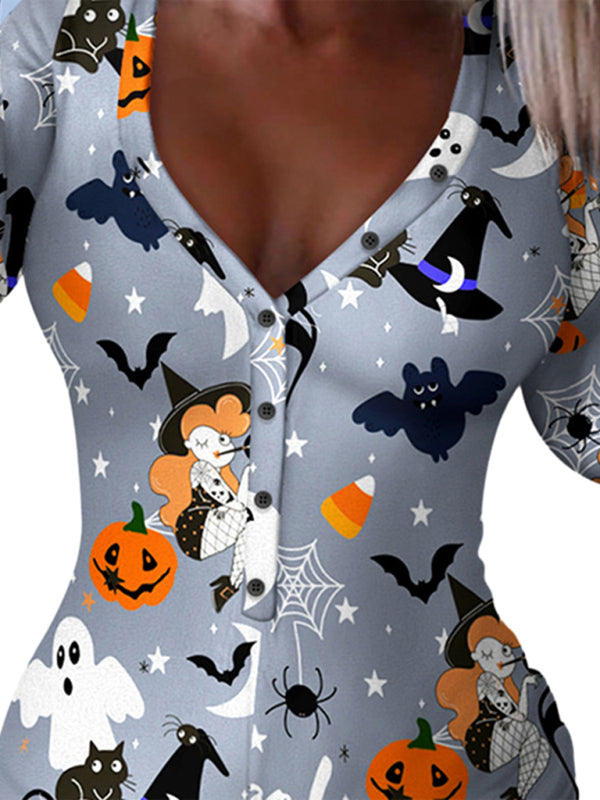 Rompers- Spooky Halloween Lounge Long Sleeve Shorts Jumpsuit- - Pekosa Women Clothing