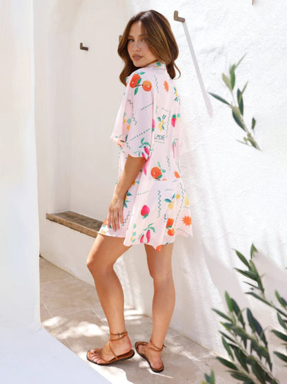 Rompers- Summer Flowy Short Playsuit - Printed Wide-Leg Shirt Romper- - Pekosa Women Clothing