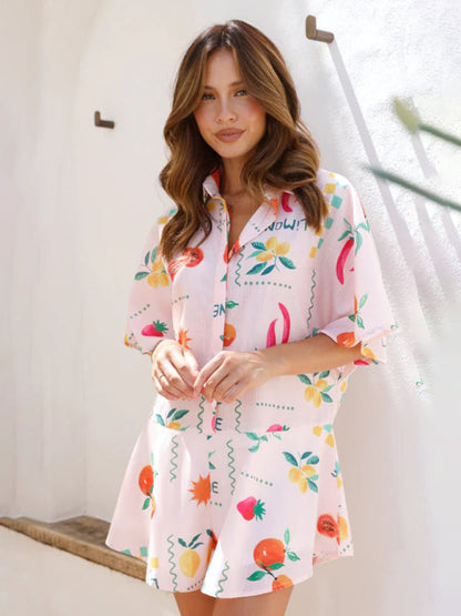 Rompers- Summer Flowy Short Playsuit - Printed Wide-Leg Shirt Romper- Pastel pink- Pekosa Women Clothing