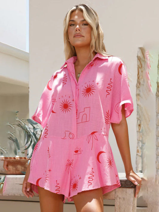 Rompers- Summer Flowy Short Playsuit - Printed Wide-Leg Shirt Romper- Hot pink- Pekosa Women Clothing