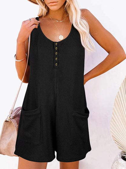 Rompers- Textured Flowy Sleeveless Romper with Pockets - Short Playsuit- Black- Pekosa Women Clothing