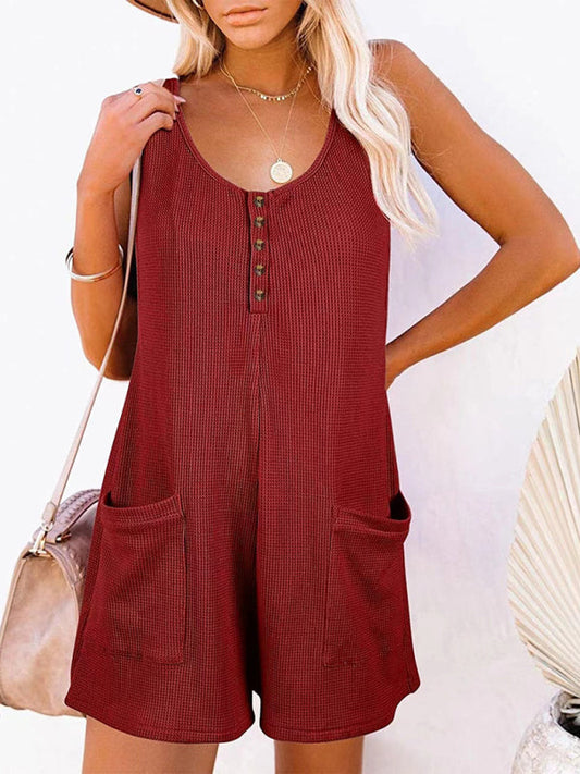 Rompers- Textured Flowy Sleeveless Romper with Pockets - Short Playsuit- Wine Red- Pekosa Women Clothing