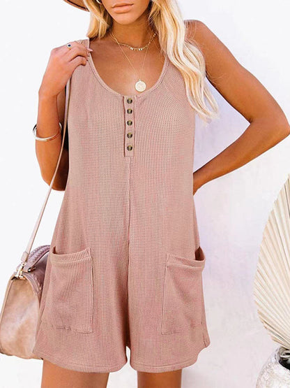 Rompers- Textured Flowy Sleeveless Romper with Pockets - Short Playsuit- Pink- Pekosa Women Clothing