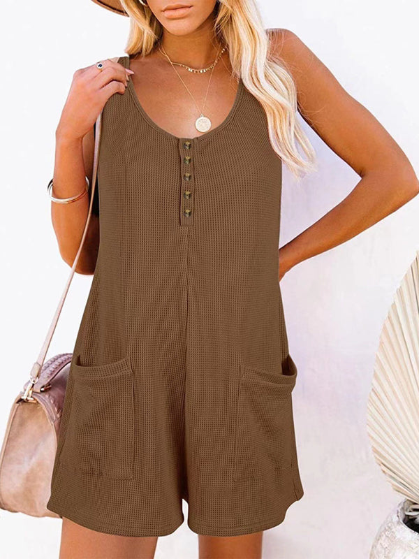 Rompers- Textured Flowy Sleeveless Romper with Pockets - Short Playsuit- Coffee- Pekosa Women Clothing