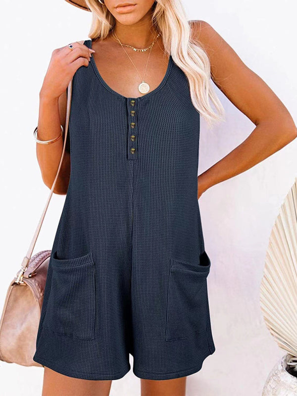 Rompers- Textured Flowy Sleeveless Romper with Pockets - Short Playsuit- Champlain color- Pekosa Women Clothing