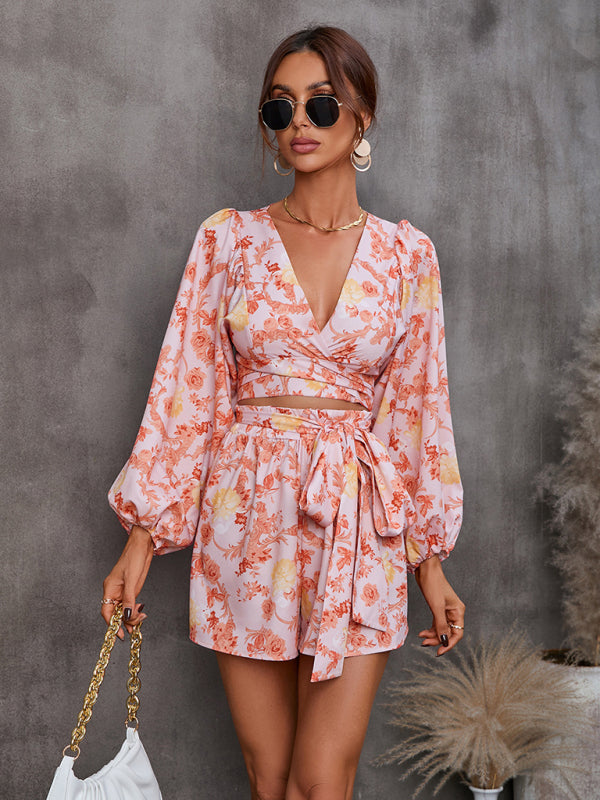 Rompers- V-Neck Jumpsuit with Long Sleeves and Shorts for Women - Romper- Pink- Pekosa Women Clothing