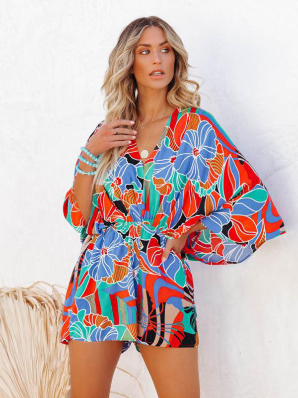 Rompers- Versatile Women's Kimono Romper: Comfortable Jumper Fit, Vibrant Print- Blue- Pekosa Women Clothing