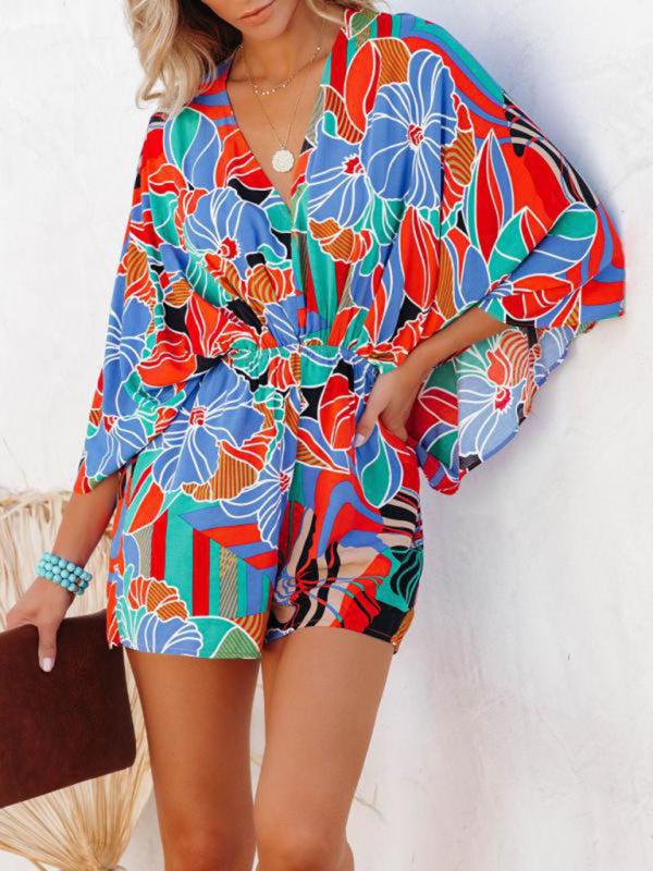 Rompers- Versatile Women's Kimono Romper: Comfortable Jumper Fit, Vibrant Print- - Pekosa Women Clothing