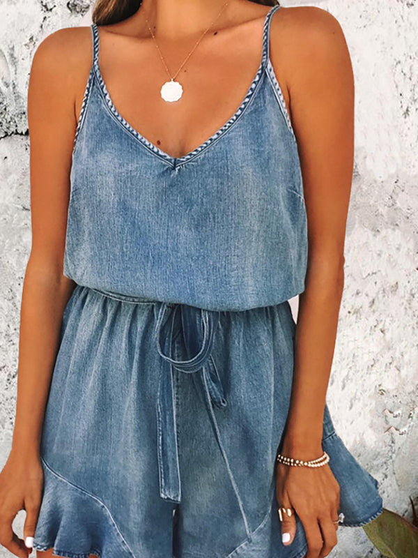 Rompers- Washed Denim Jean Romper - Cotton Jumpsuit- - Pekosa Women Clothing