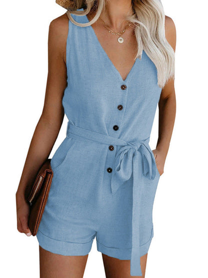 Rompers- Women’s Belt Tie Romper - Jumpsuit with Cuffed Shorts & Pockets- Clear blue- Pekosa Women Clothing