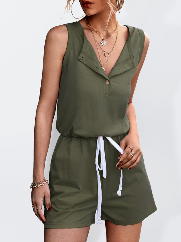 Rompers- Women's Sleeveless Button Casual Romper Jumpsuit- Olive green- Pekosa Women Clothing