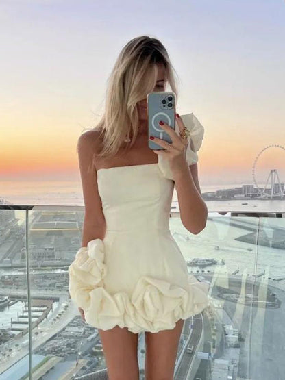 Ruffle Dresses- Elegant Flounce Hem One Shoulder Mini Dress- White- Pekosa Women Clothing