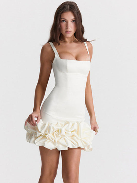 Ruffle Dresses- Vintage Elegant Flounce Hem Square Bodycon Mini dress- White- Pekosa Women Clothing