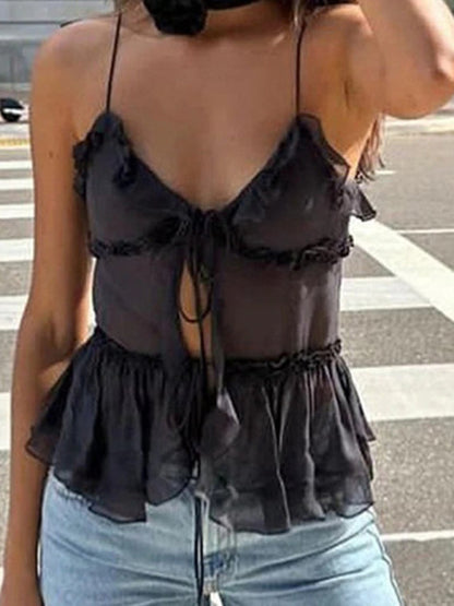 Ruffle Tops- Layers See-Through Ruffle Tie Cami Top for Women- - Pekosa Women Fashion