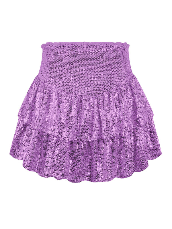 Ruffled Mini Skirts- Sparkly Sequined Mini Skirt with Ruffles- - Pekosa Women Clothing