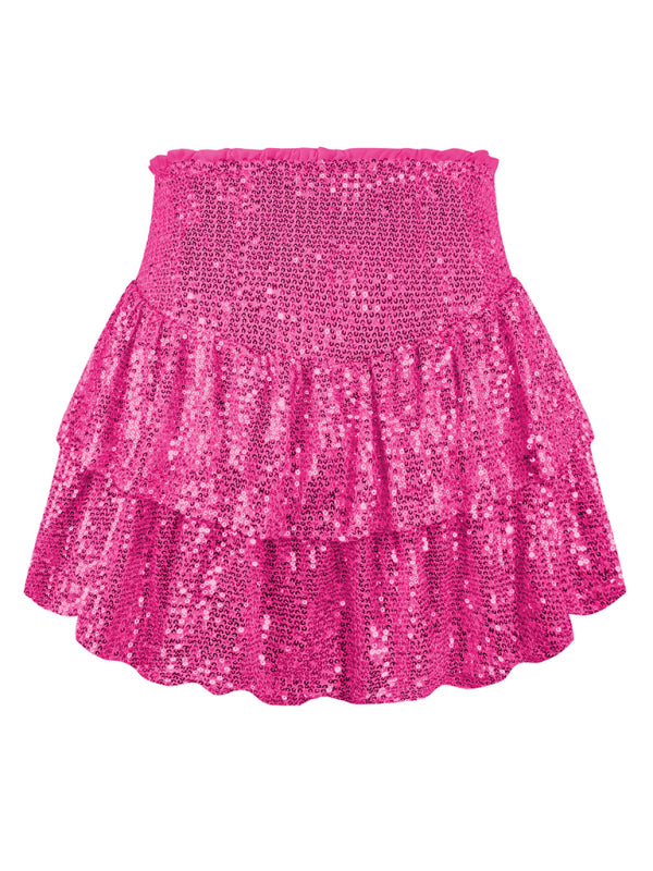 Ruffled Mini Skirts- Sparkly Sequined Mini Skirt with Ruffles- - Pekosa Women Clothing