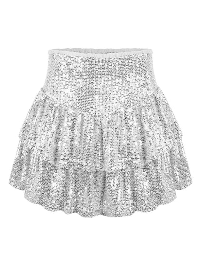 Ruffled Mini Skirts- Sparkly Sequined Mini Skirt with Ruffles- - Pekosa Women Clothing