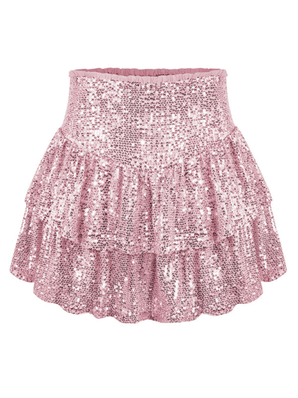 Ruffled Mini Skirts- Sparkly Sequined Mini Skirt with Ruffles- - Pekosa Women Clothing