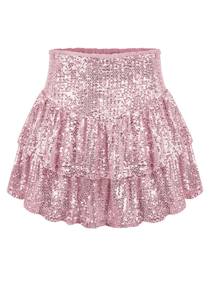 Ruffled Mini Skirts- Sparkly Sequined Mini Skirt with Ruffles- - Pekosa Women Clothing