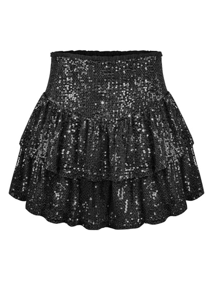 Ruffled Mini Skirts- Sparkly Sequined Mini Skirt with Ruffles- - Pekosa Women Clothing