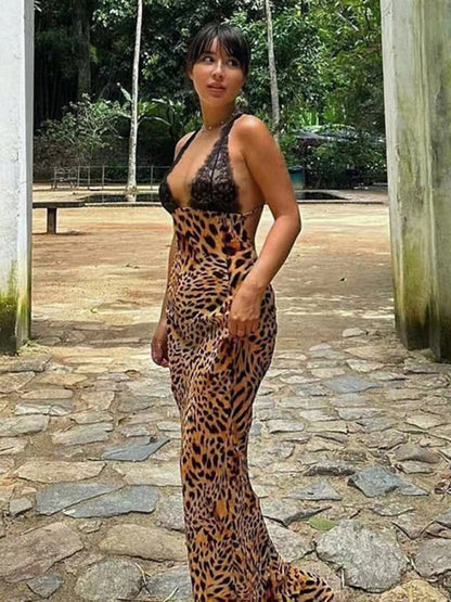 Runway Dresses- Runway Animal Print Plunging Backless Maxi Dress- - Pekosa Women Fashion