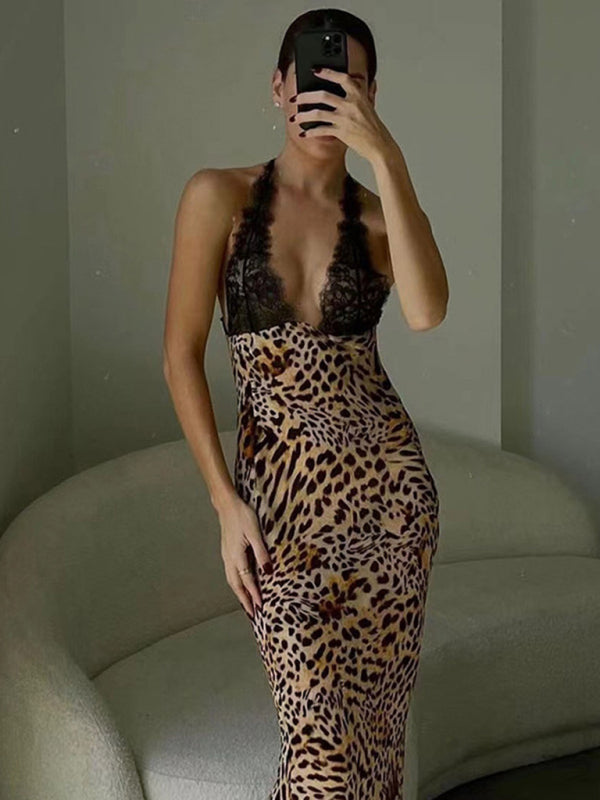 Runway Dresses- Runway Animal Print Plunging Backless Maxi Dress- - Pekosa Women Fashion