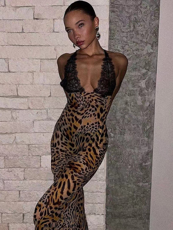 Runway Dresses- Runway Animal Print Plunging Backless Maxi Dress- - Pekosa Women Fashion