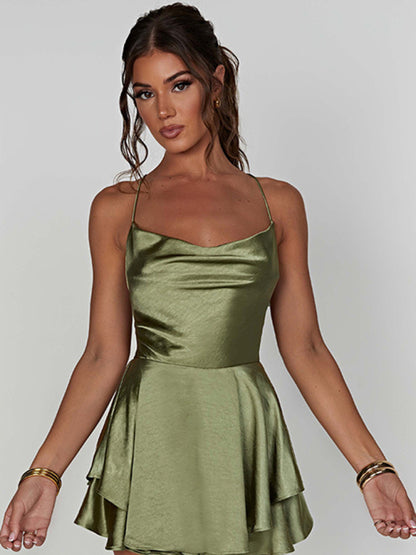 Satin Dresses- Backless Satin Layered Mini Dress with Cowl Neck- - Pekosa Women Clothing