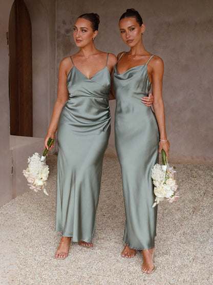 Satin Dresses- Bridesmaid Sleeveless Satin Cowl Neck Slip Maxi Dress- Green- Pekosa Women Clothing
