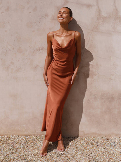 Satin Dresses- Bridesmaid Sleeveless Satin Cowl Neck Slip Maxi Dress- - Pekosa Women Clothing