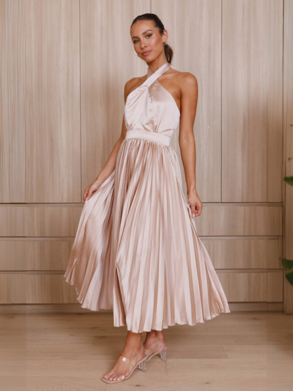 Satin Dresses- Classy Halter Tie Sleeveless Midi Dress in Satin Pleated Plisse- Pink- Pekosa Women Clothing