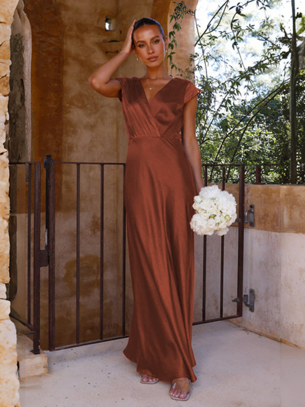 Satin Dresses- Elegant Surplice V-Neck Maxi Dress with Cap Sleeves in Satin- Brown- Pekosa Women Clothing