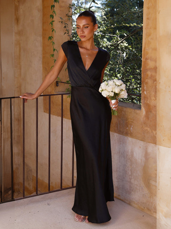 Satin Dresses- Elegant Surplice V-Neck Maxi Dress with Cap Sleeves in Satin- Black- Pekosa Women Clothing