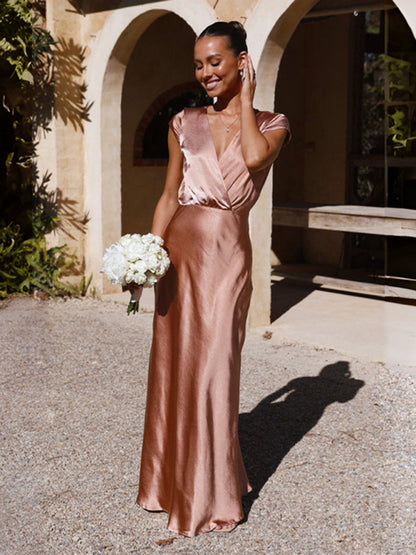 Satin Dresses- Elegant Surplice V-Neck Maxi Dress with Cap Sleeves in Satin- Pink- Pekosa Women Clothing