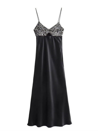 Satin Dresses- Glittering Satin Slip Cami Dress- Black- Pekosa Women Clothing