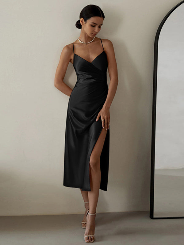 Satin Dresses- Satin Sleeveless Surplice V-Neck Midi Dress with Ruching- - Pekosa Women Fashion