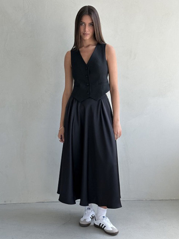 Satin Skirt- Solid Satin Flared Maxi Skirt- Black- Pekosa Women Clothing