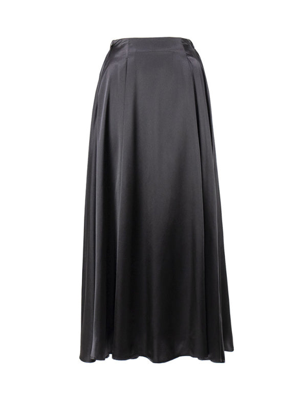 Satin Skirt- Solid Satin Flared Maxi Skirt- - Pekosa Women Clothing