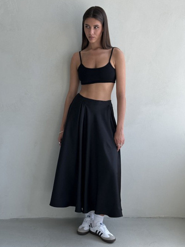 Satin Skirt- Solid Satin Flared Maxi Skirt- - Pekosa Women Clothing