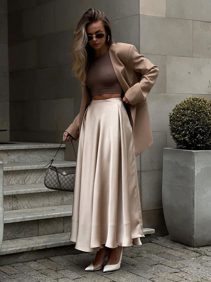 Satin Skirt- Solid Satin Flared Maxi Skirt- Khaki- Pekosa Women Clothing