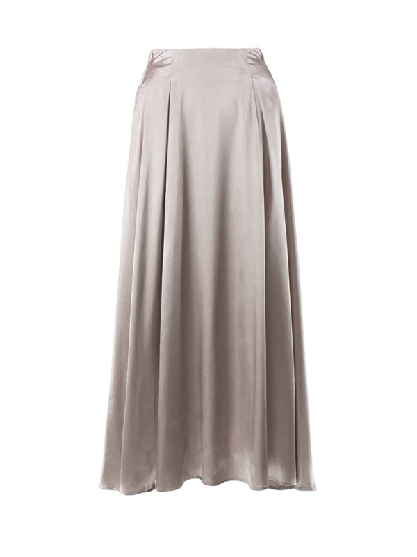 Satin Skirt- Solid Satin Flared Maxi Skirt- - Pekosa Women Clothing